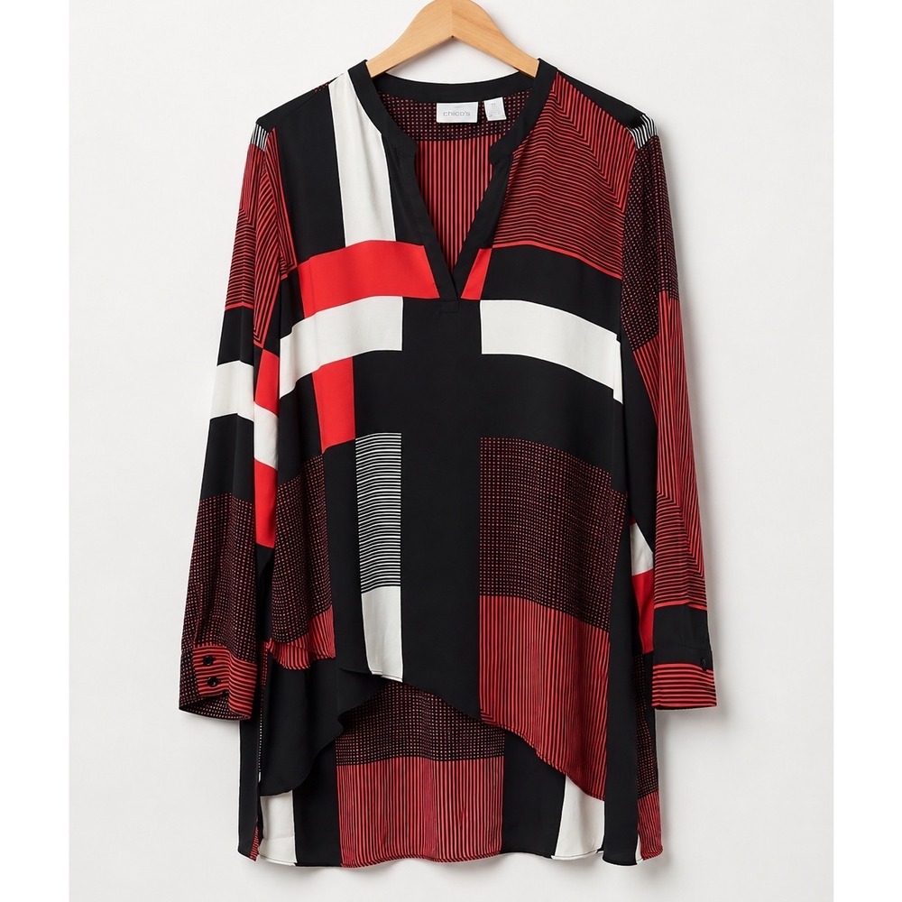 Chicos Geometric Colorblock High Low Tunic Blouse Black Red White Size 3 XL
